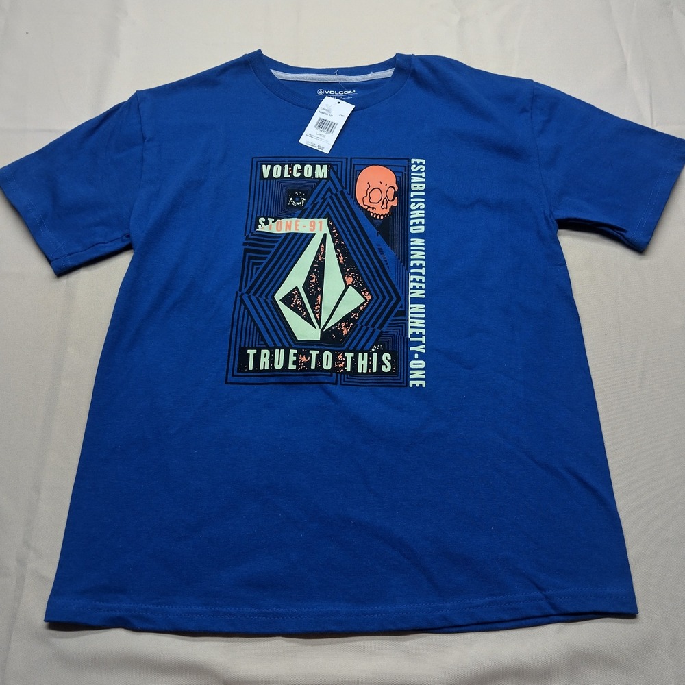 Volcom Boys True To This Stone-91 Graphic Tee Blue Cotton Shirt Size L 14 NWT